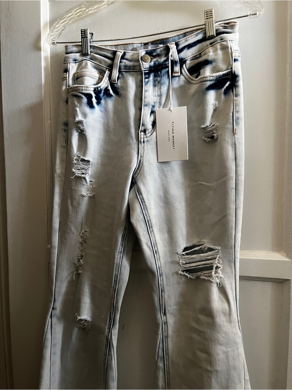Flying Monkey Light Blue Acid Wash Distressed Flare Jeans